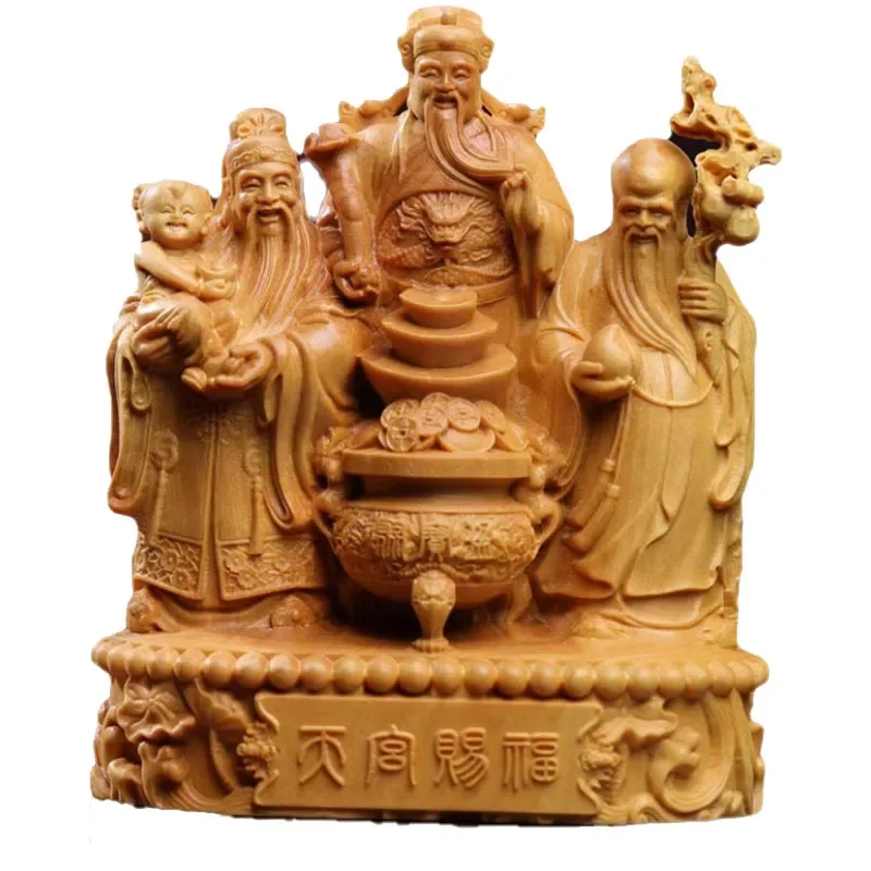 Fu Lu Shou: A Triumvirate of Blessings, Exquisite Solid Wood Crafted Buddha Statue for Home Enhancement and Gift Collection