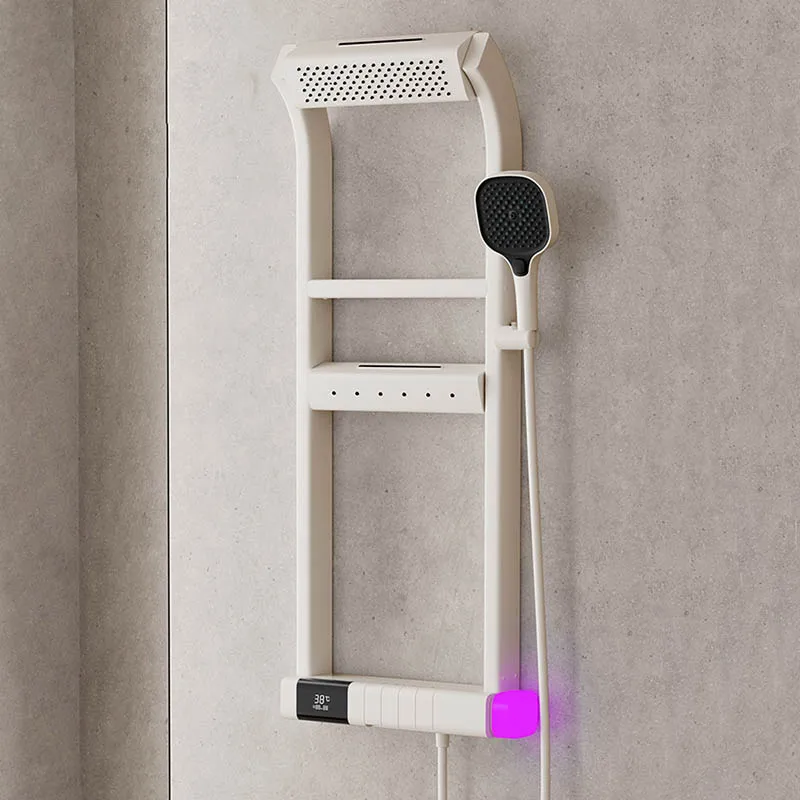 Cream White Thermostatic Shower Faucet System With Digital Display Rotating Showerhead Bathroom Shower Set