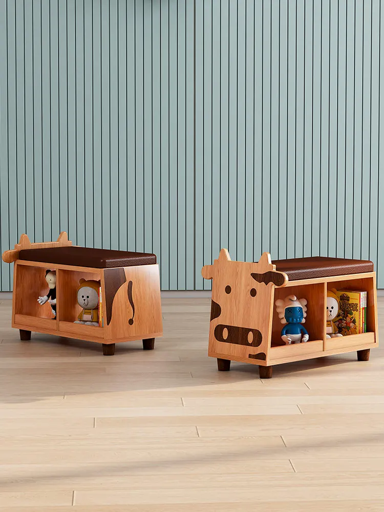 Children's Storage Stool Solid Wood Shoe Changing Stool Cartoon Animal Household Toys Picture Book Storage Stool Sofa