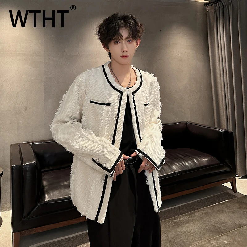 

WTHT модные мужские полосатые пальто контрастного цвета с краями заусенцев, модные двубортные свободные повседневные куртки мужские, осень 2021, 2A2197