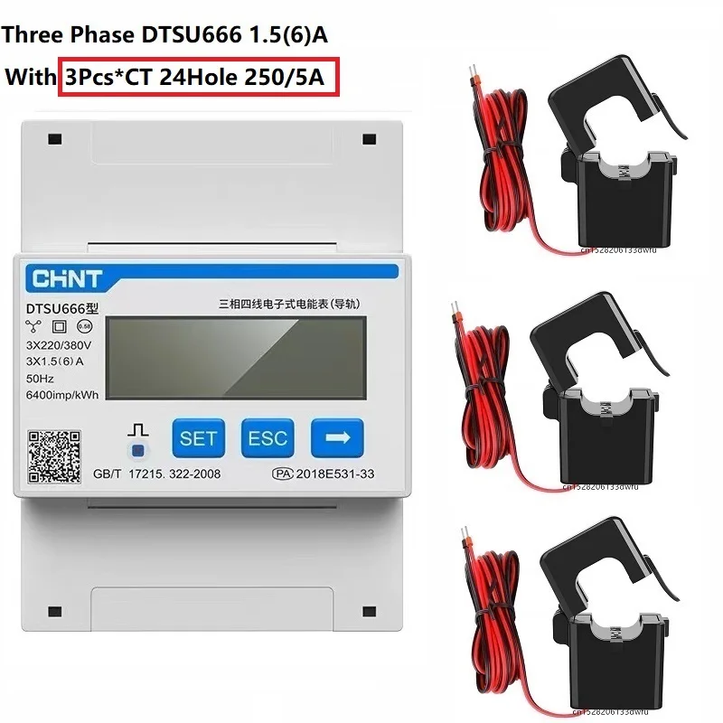 Produktbild von DTSU666 Smart Energiezähler 3-Phasen – DIN-Schiene, RS485 Modbus, Für Solar-PV & Wind, Misst Aktiv/reaktiv Import/Export, 5(80)A, 220/380V