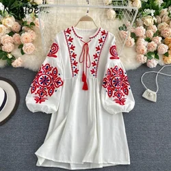 Neploe Bohemian Chic Flower Embroidery Lace Up Dress O-neck Elegant Femme Vestidos 2024 Fashion New Panelled Dresses Women