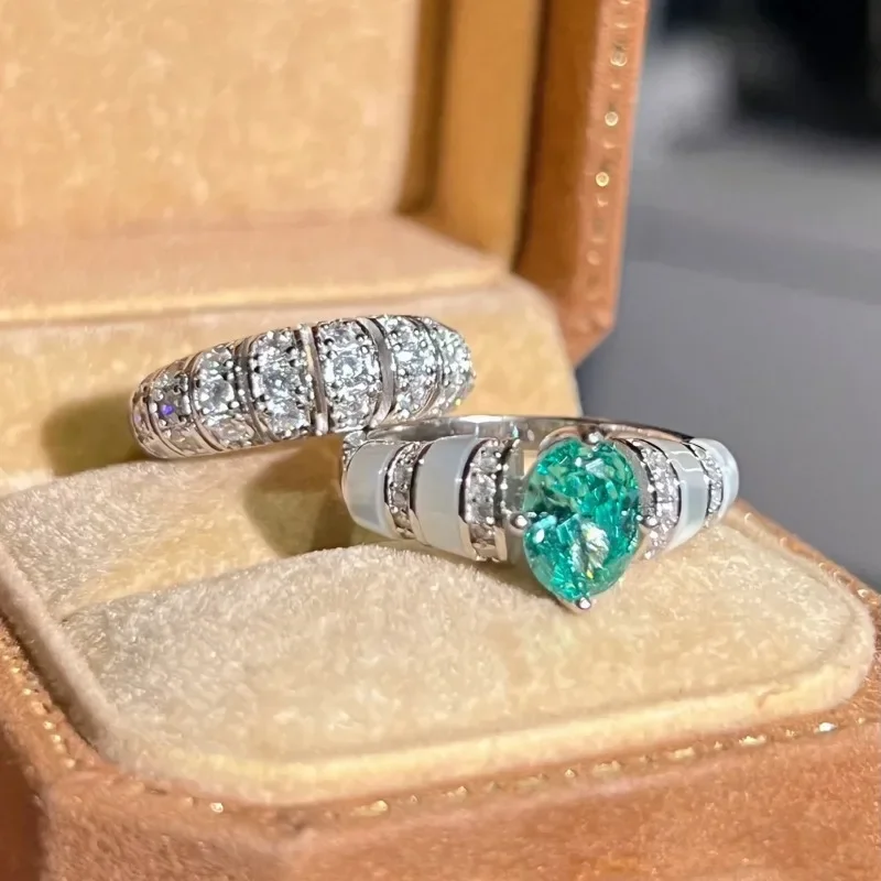 silver 925 Vintage Fresh Style Paraiba White Fritillaria  rings for women Sweet Mint Emerald wedding ring Light Luxury Jewelry