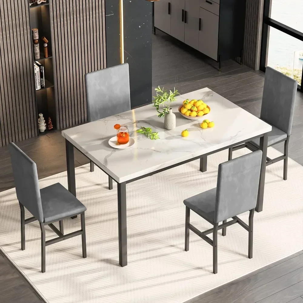 

New Dining Table Set for 4 with 4 PU Leather Chairs,5-Piece Marble DiningTable Set with 4 Velvet Metal Frame Chairs for Kitchen