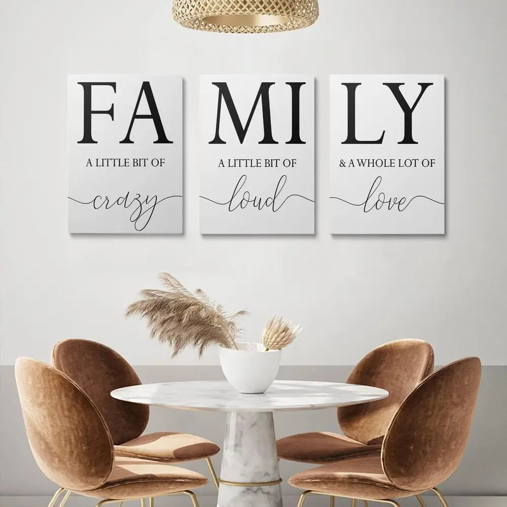 GUBIYU ديكور حائط منزلي للعائلة، لوحة فنية جدارية لغرفة المعيشة مكونة من 3 مطبوعات قماشية ملهمة بإطار أبيض وأسود من القماش الفني P
