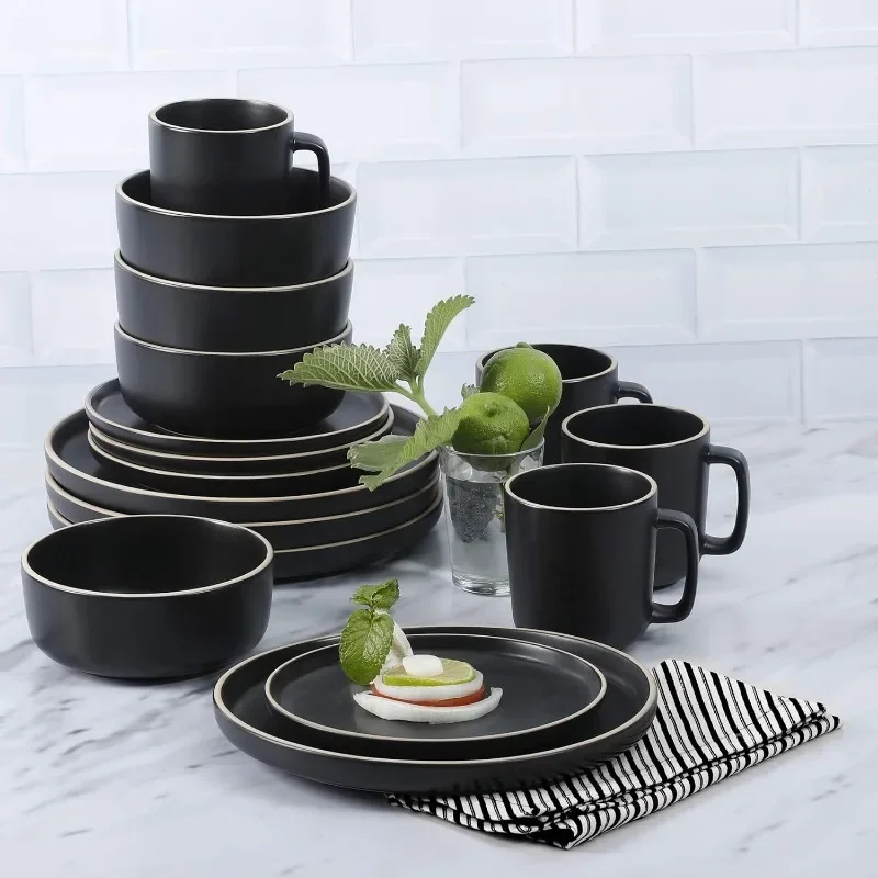 16 Piece Round Kitchen Dinnerware Set, Dishes, Plates, Bowls, Mugs, Service for 4, Matte Stoneware, Dishes and Plates Sets