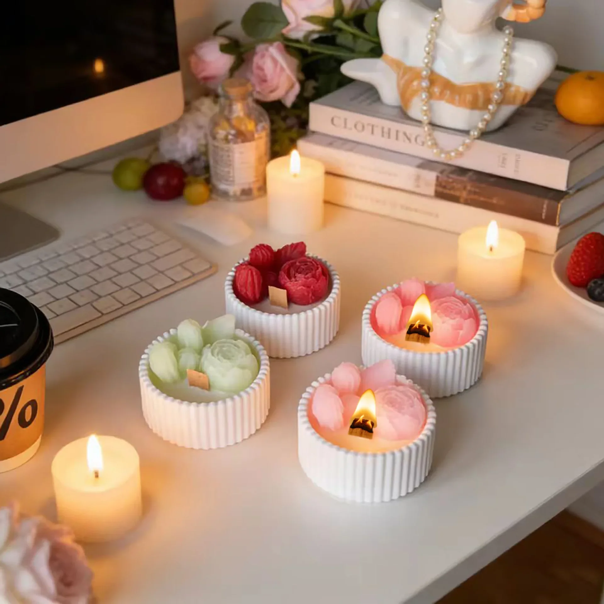 2pcs Floral Rose Cup Scented Candle, Ceramic Jar Aroma Wax Bedroom Decor Birthday Wedding Holiday Souvenir Gift