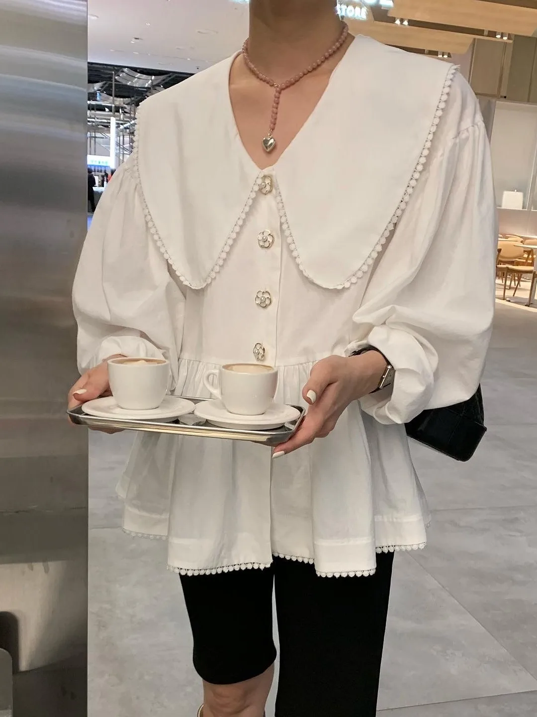 Chique Long Sve losse dames irt met ruches kraag Ele Button Design Geschikt voor verschillende gelegenheden Herfst Faion