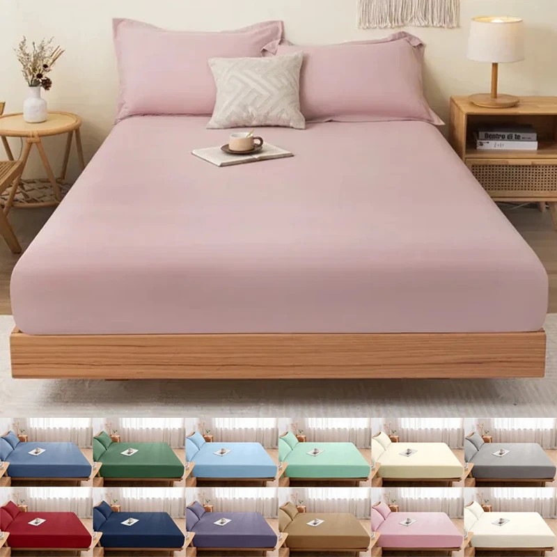 1PC Fitted Bed Sheet with Elastic Band Solid Color Mattress Covers Protector for Single Double King Bed Cotton 120/150/180/200cm