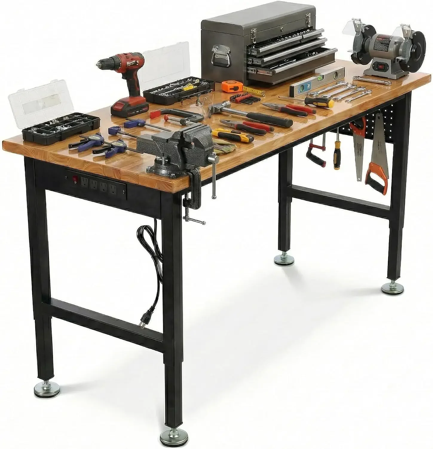 60 Inch Adjustable Workbench for Garage | Height Adjustable 29.5-38.6 Inches With Pegboard & Power Outlet, 2500 Lbs Load Capacit
