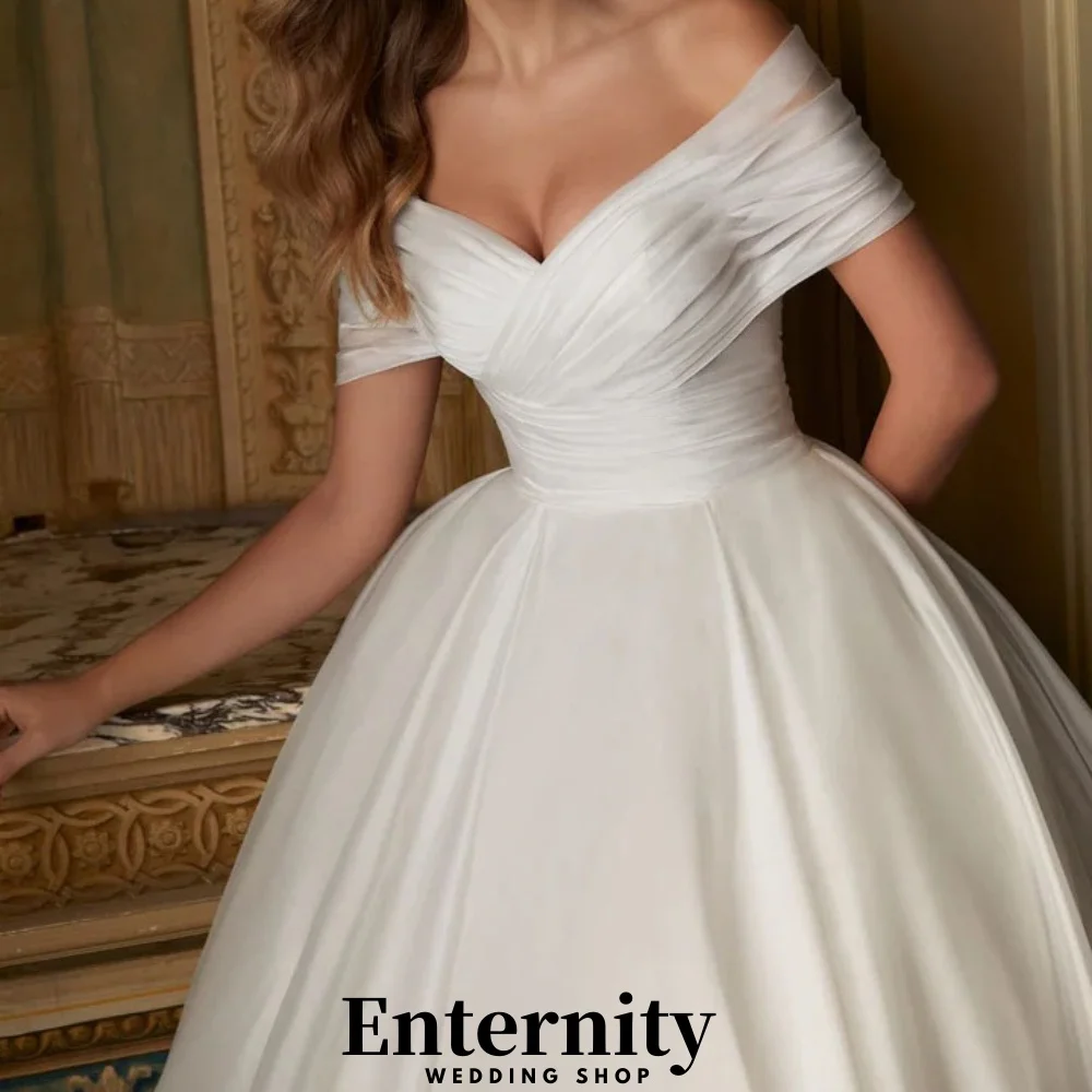 فساتين زفاف مخصصة على شكل حرف v أنيقة الكشكشة قبالة الكتف للنساء فساتين الزفاف الساحرة Ruched Vestidos De Novia #3