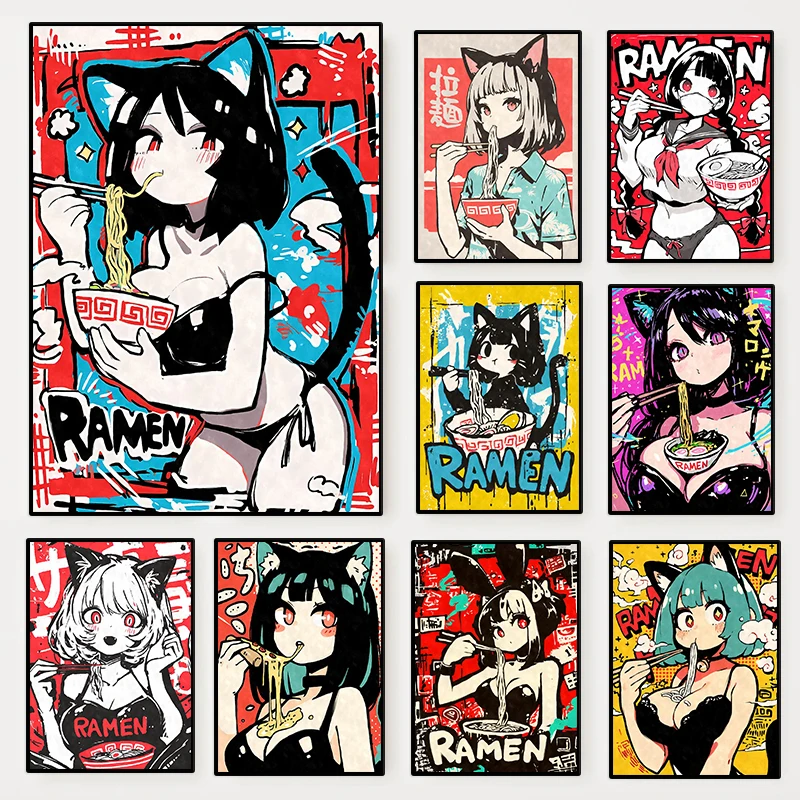 Ästhetisches Anime-Poster mit Niedlicher Sexy Katzenmädchen-Figur, die Ramen-Nudeln isst, Diamant-Malerei Wandkunst für Restaurant, Wohnzimmer und Heim-Dekoration
