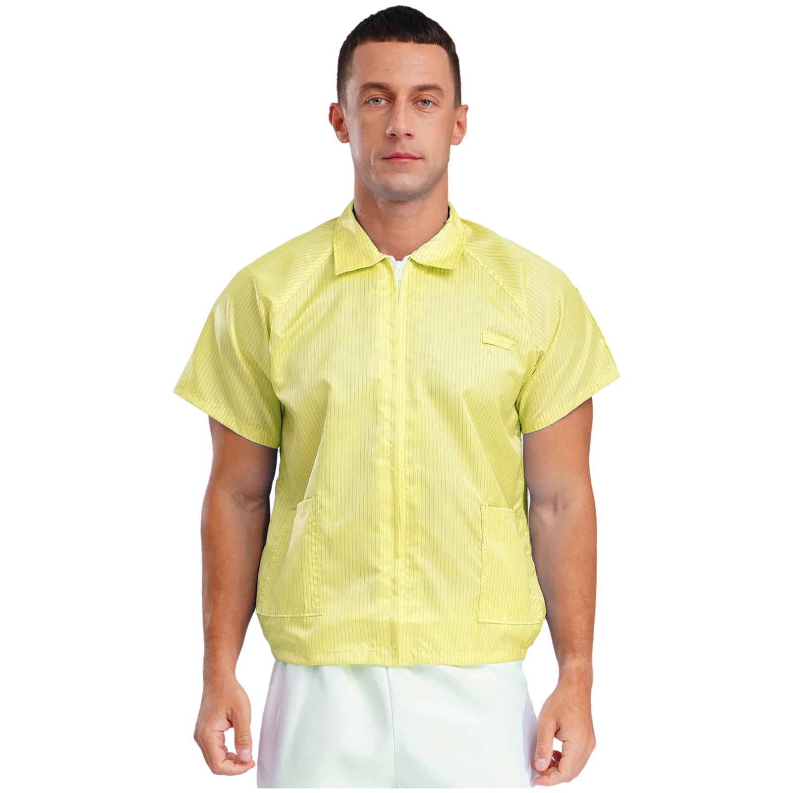 

Men Dust-proof Factory Work Tops Clothes Labor Short Sleeves Pockets Front Zipper Jacket Striped Work Shirt Summer Work Uniforms
