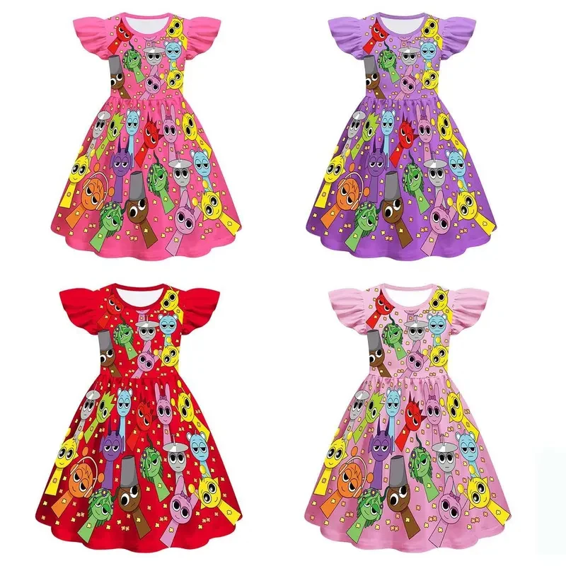 

♥AA Children Fly Sleeve Casual Girls Sprunki Plush Cosplay Princess Dresses Fashionable trend dress Birthday V New 2026
