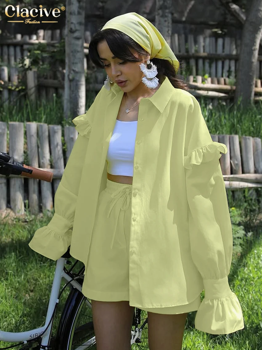 

Clacive Fashion Loose Yellow Cotton Women's Two Pieces Set 2025 Elegant Long Sleeve Blouse With High Waist Shorts Set Female