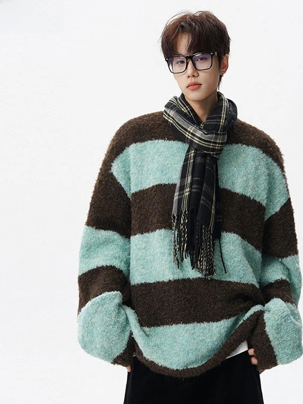 

Полосатый цветной вязаный свитер, мужской свободный зимний свитер больших размеров, повседневная одежда из полиэстера, нейлона, шерсти