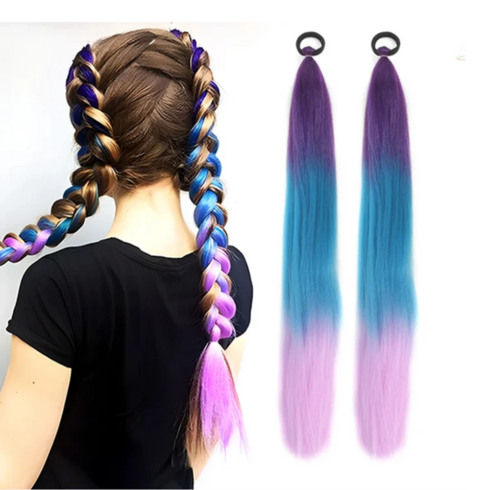 2 قطعة تمديد ذيل حصان الأرجواني الاصطناعية مع شريط مطاطي طويل مستقيم DIY بها بنفسك مضفر ذيل حصان هيربيسي النساء إكسسوارات الشعر #1