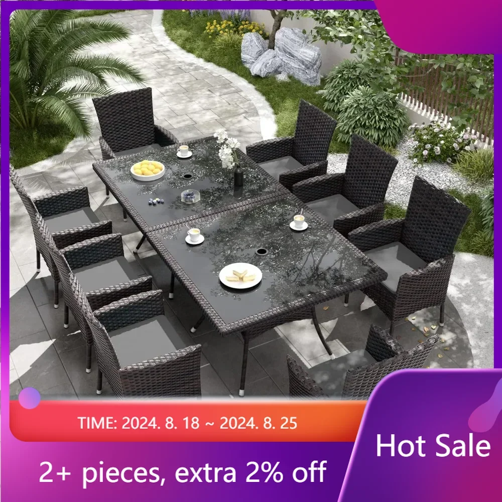 

Wicker Rattan Patio Furniture Set of 8 Chairs With Soft Cushions and 2 Square Tables With Umbrella Cutout Grey Outdoor Chair