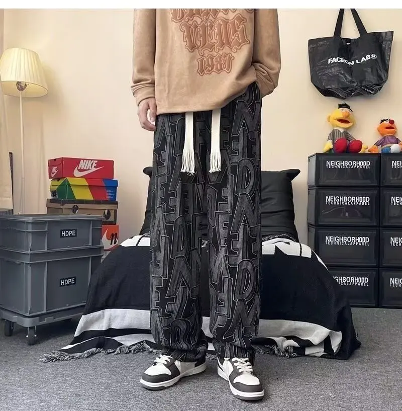 

Men's Fleece-Lined Warm Straight-Leg Pants for Autumn and Winter, Artistic Style Fashion Letter Print Floor-Length Pants, Versatile Casual Pants