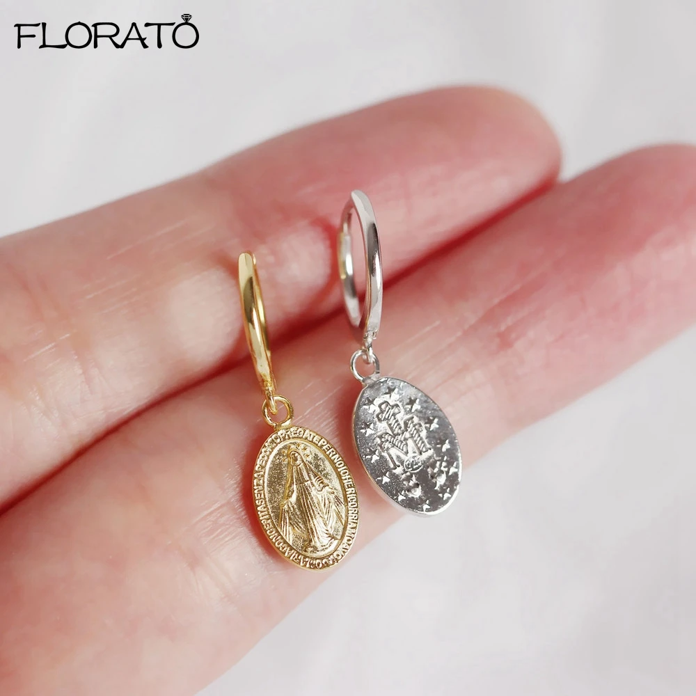 

Gold Color Santa Maria Coin Pendant Earrings 925 Sterling Silver Needle Fashion Small Hoop Earrings for Women New Jewelry Bijoux
