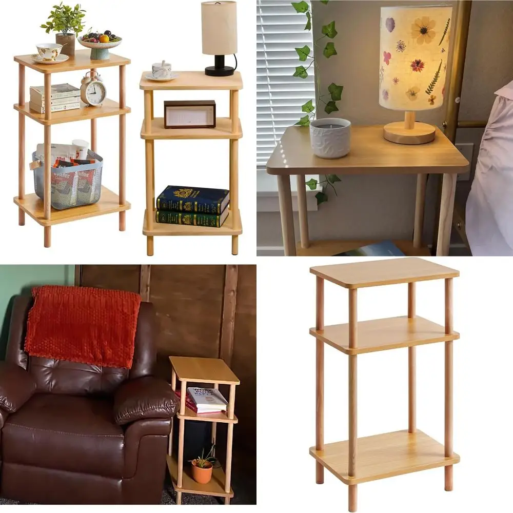 

3-Tier Solid Wood End Table with Storage Shelves, Tall Nightstand for Living Room, Bedroom, and Toilet - Easy Assembly, Burlywoo
