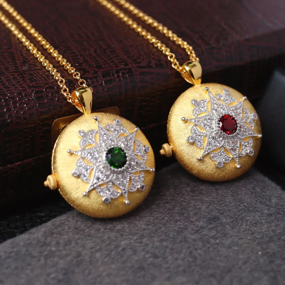 

Natural Garnet 18K Gold Two Tone Over Solid 925 Silver Starry Locket Pendant Necklace 6397