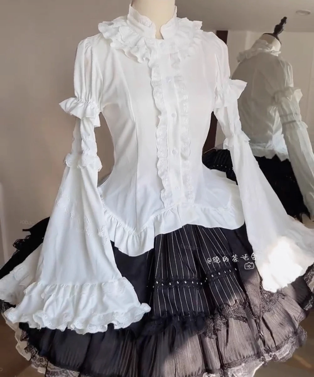 

2026 New Shirts Slim Fit Gothic Authentic Lolita White Black Inner Blouse Women Tops Shirt Patchwork Sleeves Original
