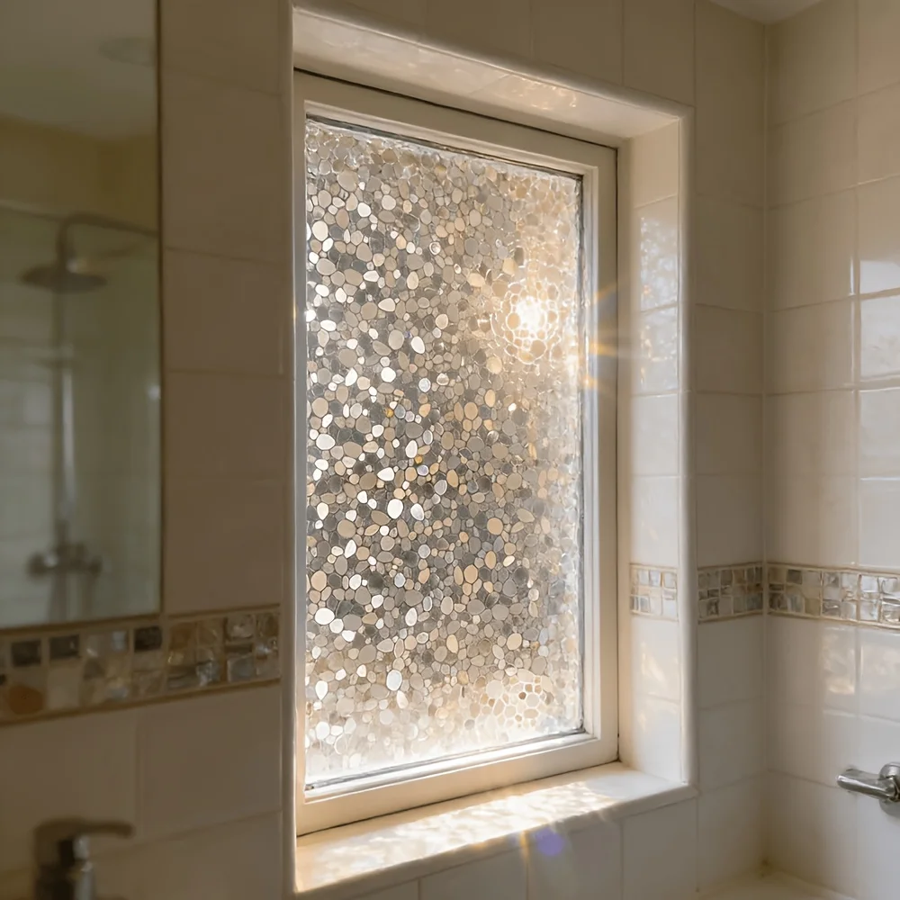 Laser Pebble Pattern Privacy Window Film Static Cling No Glue Translucent Removable for Bathroom Floor to Ceiling Glass
