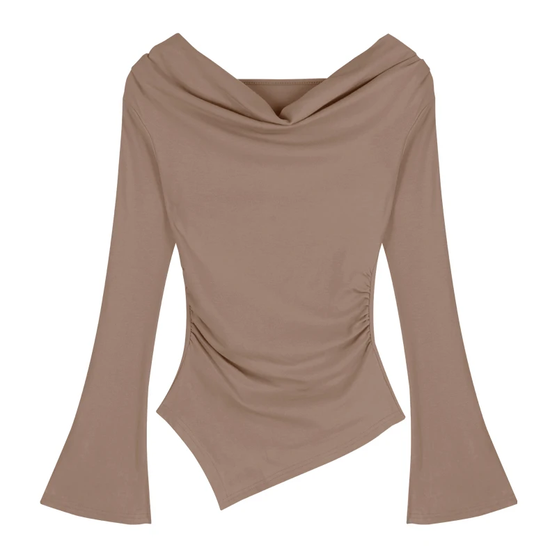 Off-shoulder Pleated Sexy Slim Asymmetric Long-sleeved T-shirt Women 2024 Summer New Korean Solid Color All Match Tops