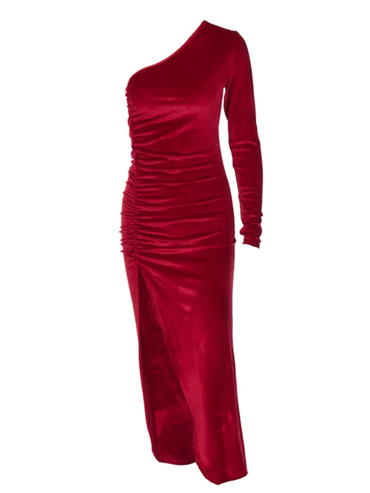 Women\'s Elegant Long Sleeve Midi Dress, Evening Velvet Bodycon, Split Pencil, Party Clothes, Spring, Autumn, 2024