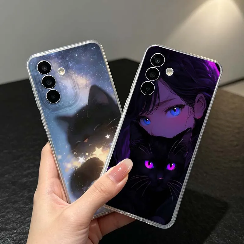 Girl And Black Cat Cover For Samsung Galaxy A57 A56 A55 A54 A53 A52 A37 A36 A35 A33 A26 A17 A16 A14 A07 A06 Phone Case