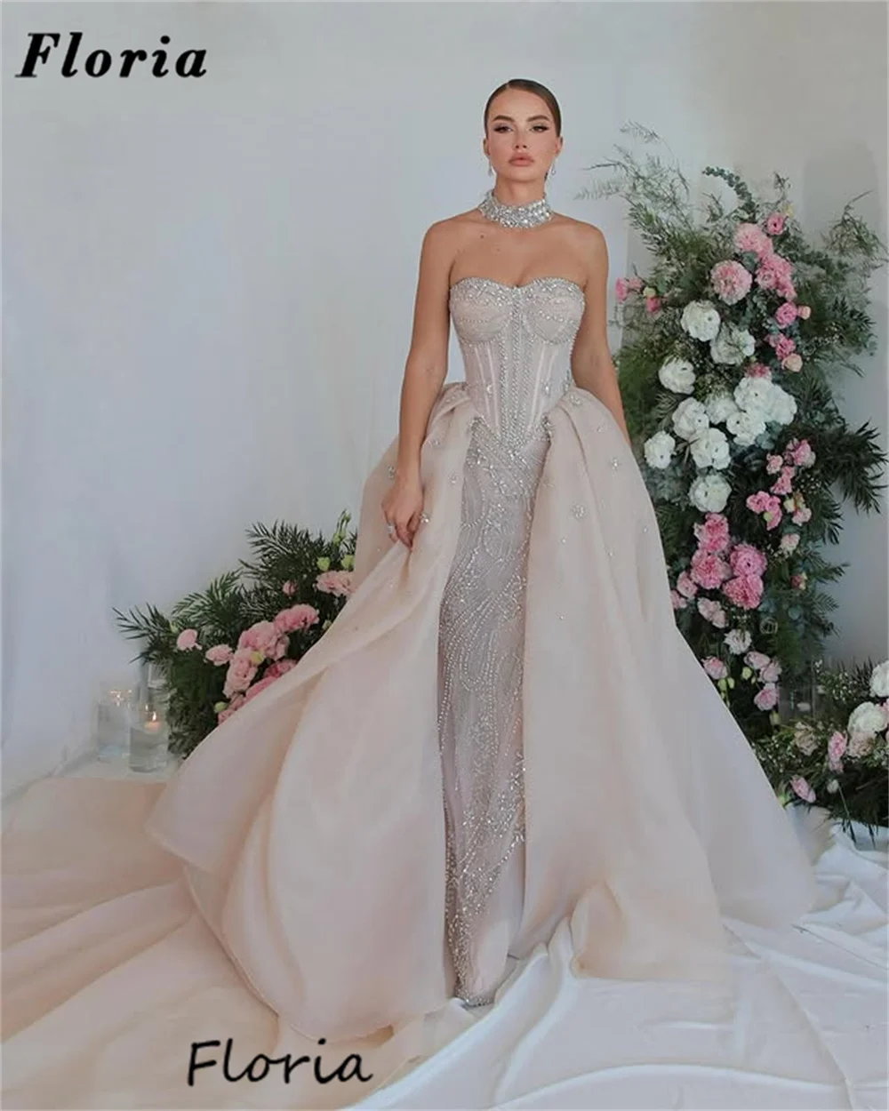 

Dubai Blush Pink Strapless Beaded Evening Dresses Detachable Overskirt Prom Dress Wedding Party Gowns Robes De Soiree Customized