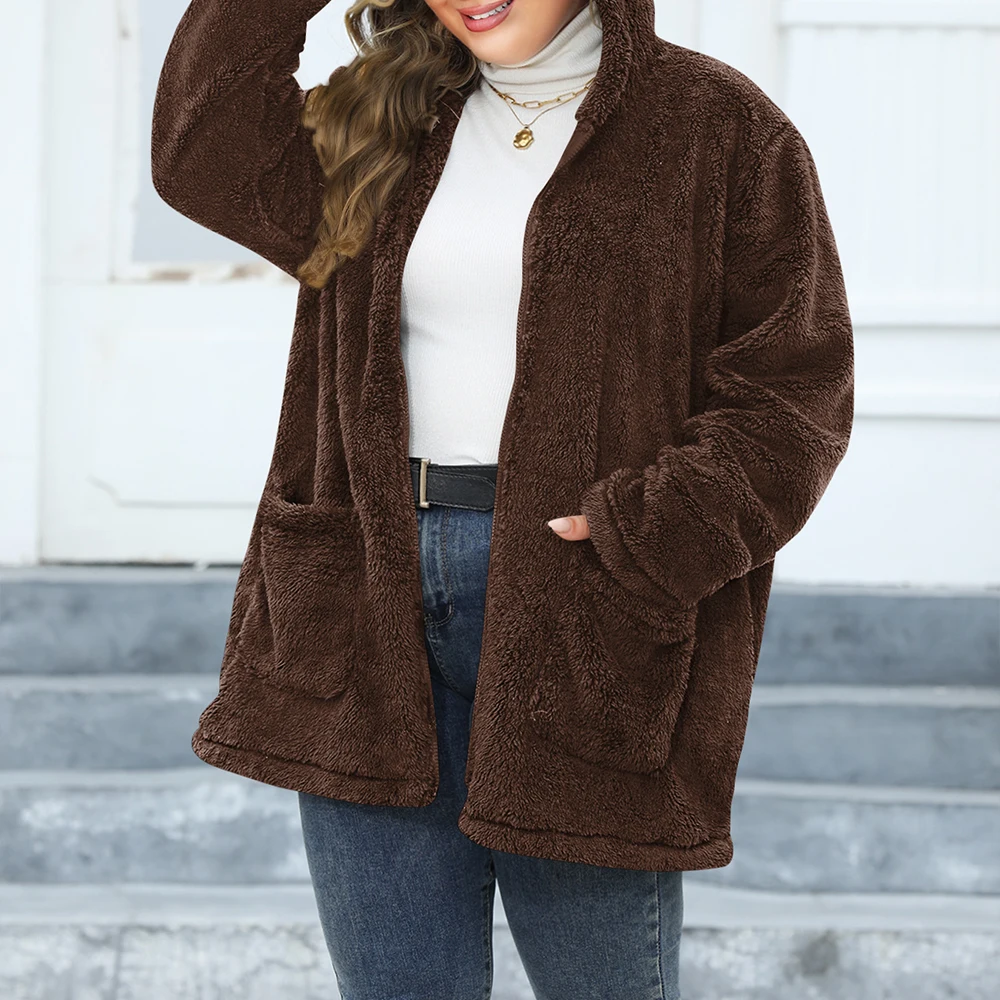 2024 Winter Vrouwen Fleece Jassen Jas Plus Size Winddicht Ritsvak Capuchon Pluche Dikker Warme Dame Oversized Bovenkleding Top