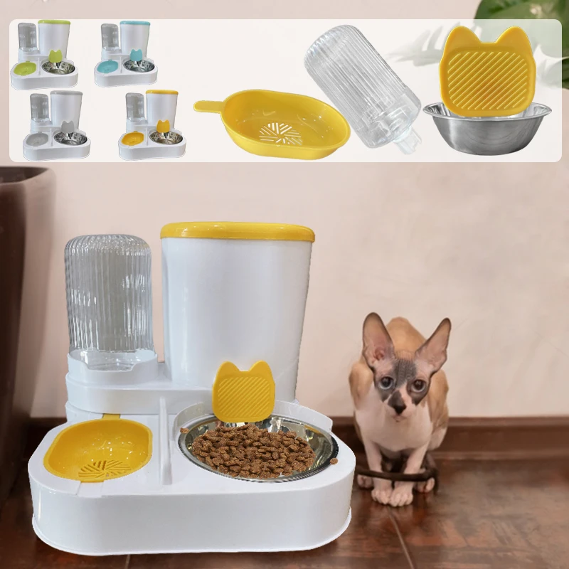 Home Automatic Cat Feeder Double Container Suitable for Dry/Wet Food, Two-In-One Upgraded Gravity Feeder and Water Dispenser Combination Set Suitable for Cats and Dogs