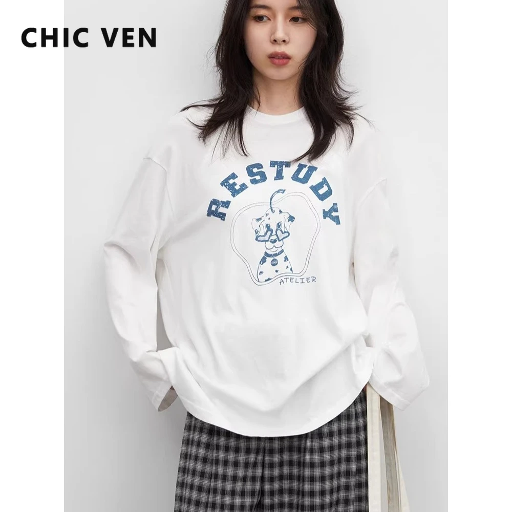 

Женская футболка CHIC VEN с длинным рукавом, свободная, повседневная, белая, с круглым вырезом, с принтом собаки, топ-пуловер, весна-лето 2026