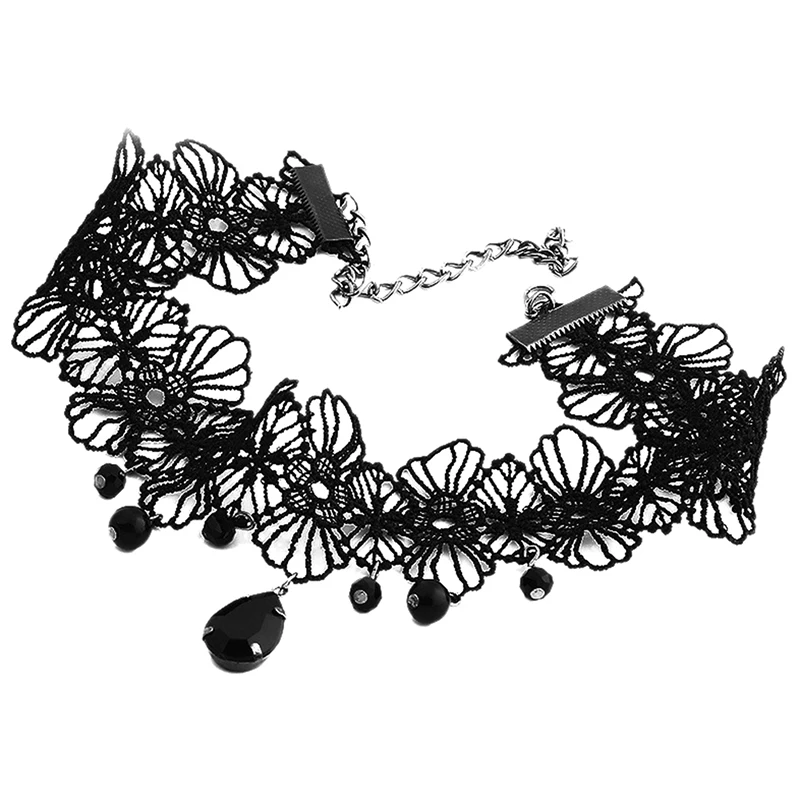 Vintage Gothic Lace Choker For Women Black Crystal Pendant Charm Choker Necklaces Lolita Bead Choker Jewelry