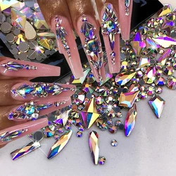 180pcs Mix-Shaped AB Flatback Nail Diamond Rhinestone Glass Rhinestones DIY Aurora Crystal 3D Rectangular Strass Nail Decoration