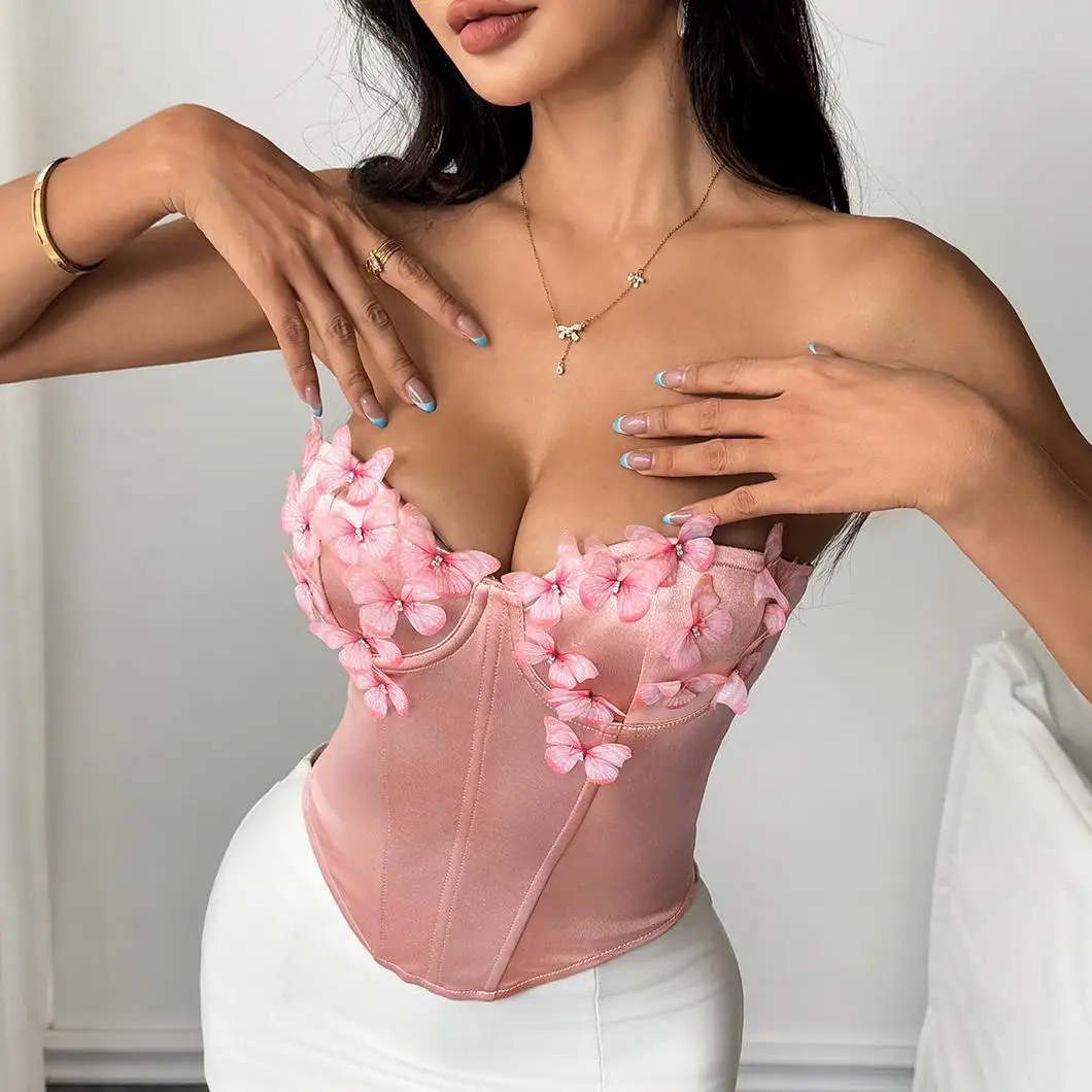 Atasan Tabung Kupu-kupu Satin Berpotongan Rendah Seksi untuk Wanita Pakaian Wanita Berbentuk Belah Ketupat dengan Cincin Baja Atasan Tanpa Tali Tulang Ikan