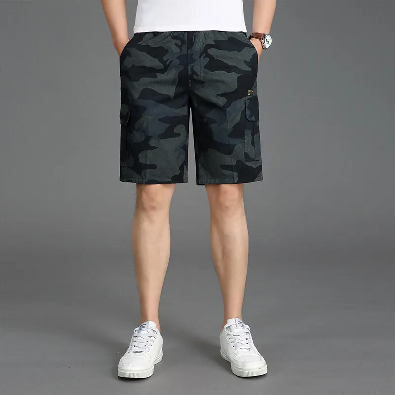 Men's Clothing Elastic High Waisted Camouflage Contrast Color Pockets Summer Cargo Straight Sweatpants Preppy Style Shorts