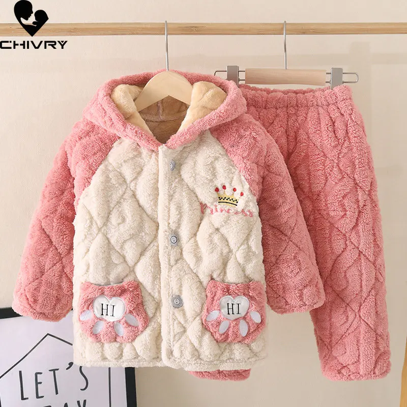 New Winter Kids Flannel Pajamas Cartoon Hooded Thicken Cotton-Padded Tops with Pants Boys Girls Sleepwear Pyjamas Sets Homewear