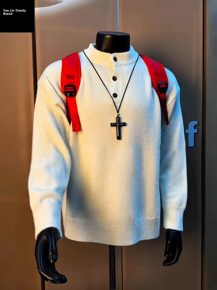 

Мягкий кремовый мужской свитер в американском стиле с воротником хенли, зимний, уютный, премиум-класса, вязаная кофта-рубашка, плюшевое вязаное пальто