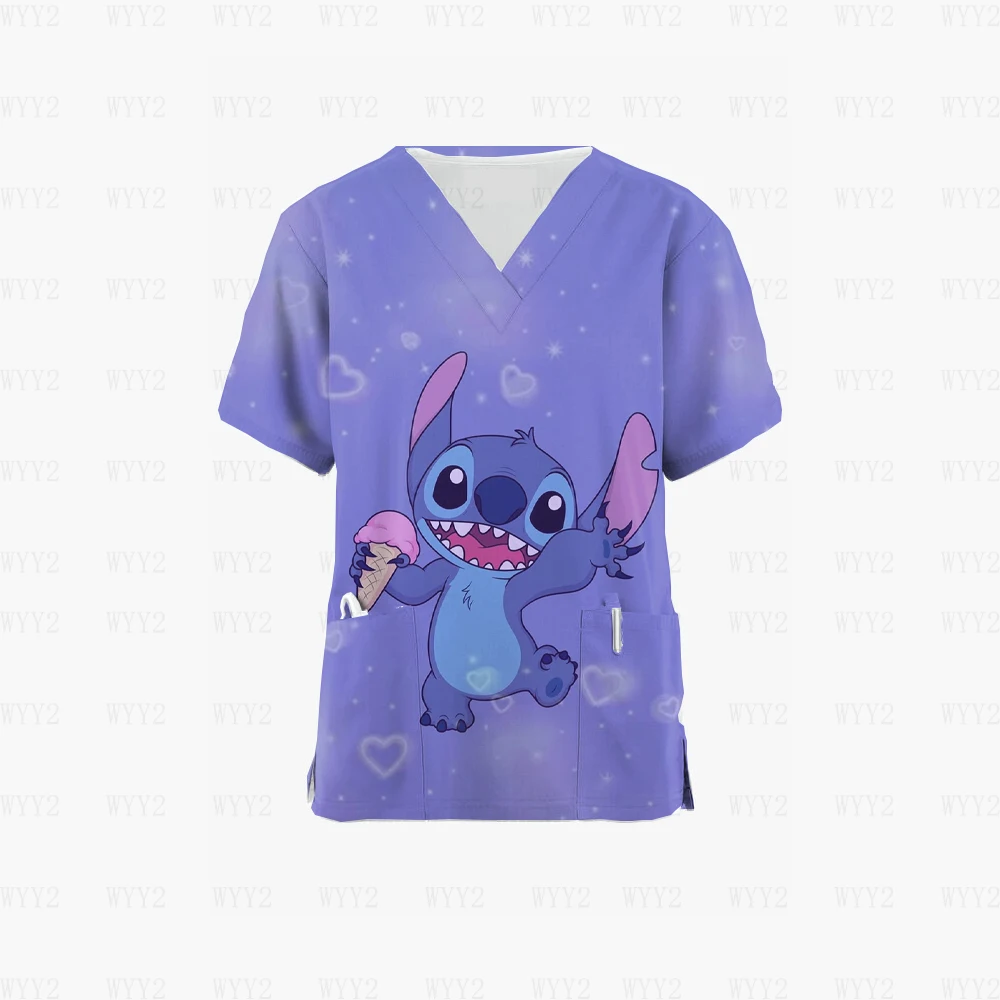 Krankenhauspersonal Disney Stitch Sommer Scrub Top Bedrucktes Krankenschwesterkleid mit V-Ausschnitt Pullover Medizinische Chirurgie Scrub Uniform T-Shirt