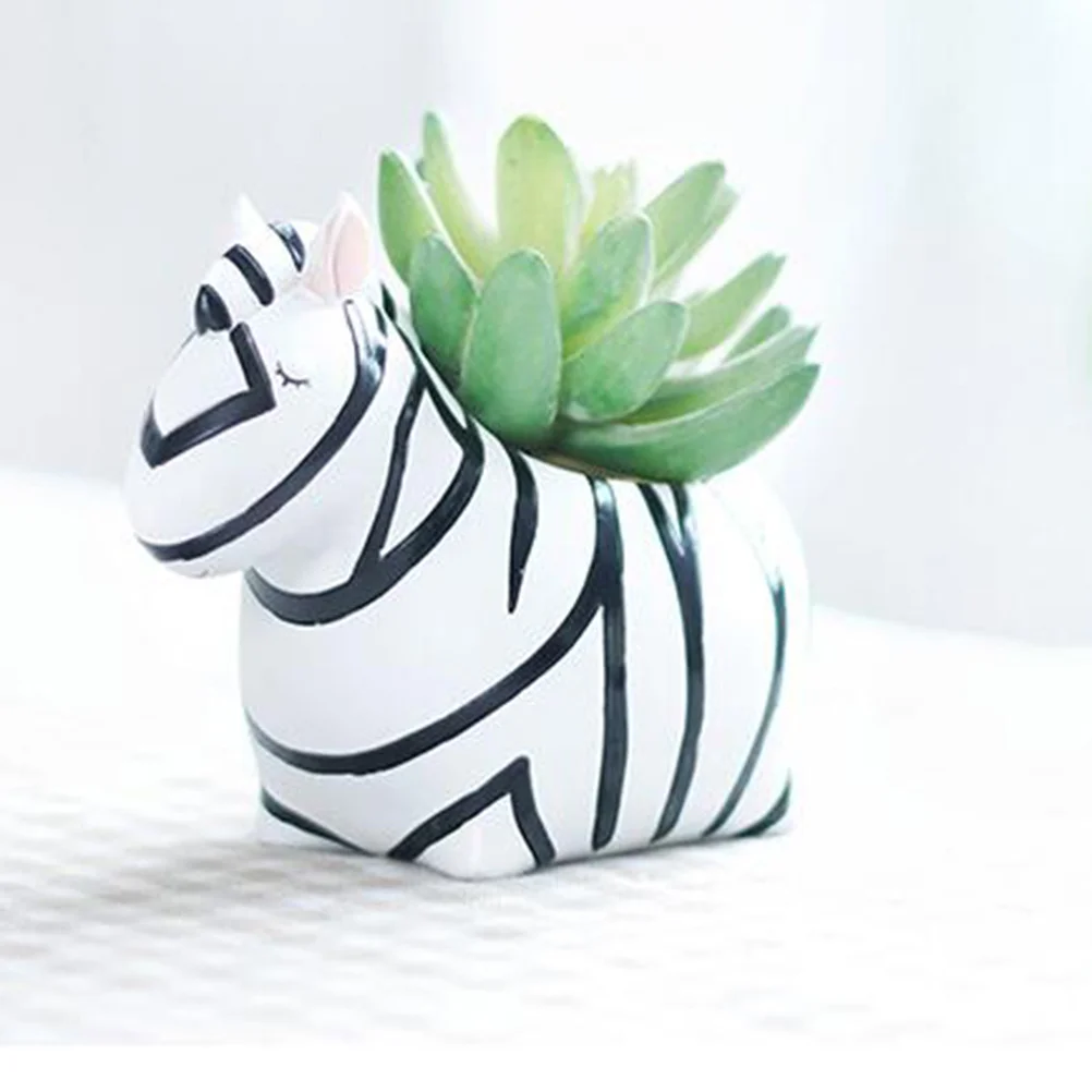

Resin Zebra Meaty Succulent Decorative Pot Small Plant Pot Drainage Hole Removable Saucer for Home Office Garden Vase White