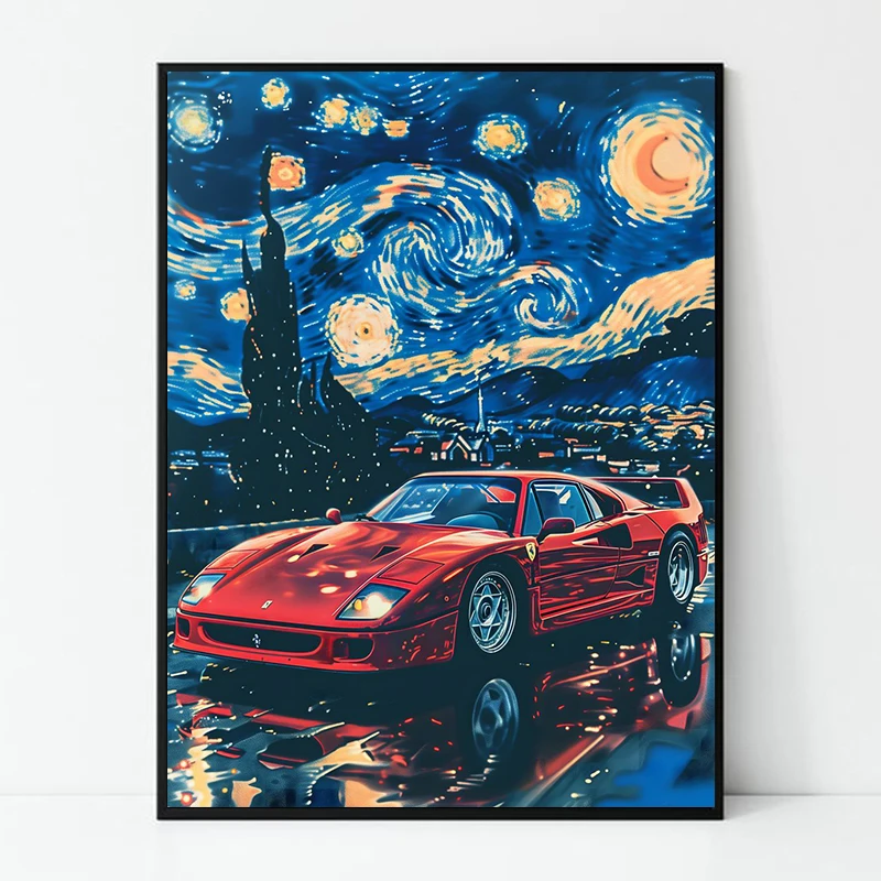 Japanese Luxury Car GTR R35 Night Moon Starry Sky Poster Landscape Fuji Mountain Canvas Painting Wall Art Print Home Decor