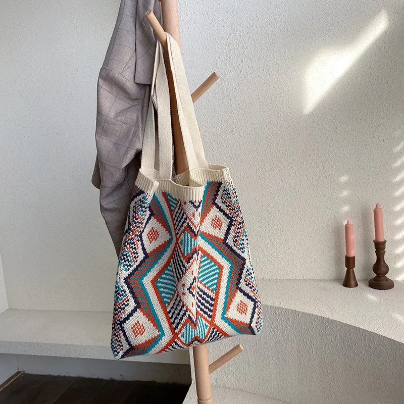 Lady Knitting Gypsy Bohemian Boho Chic Aztec Tote Bag Women Crochet Woolen Open Shopper Top-handle Bag 2021 Female Daily Handbag