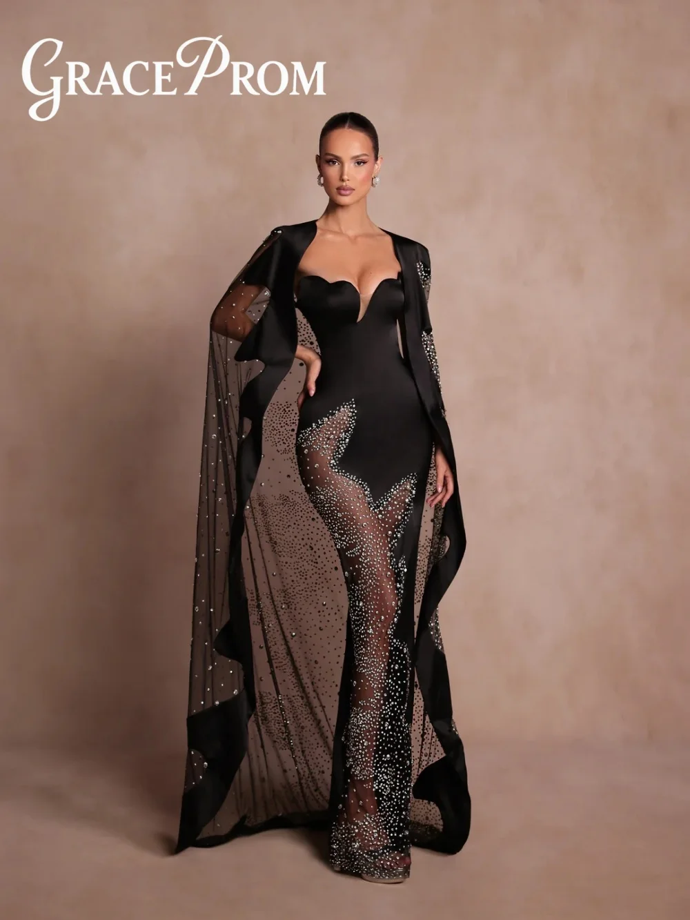 

GraceProm Luxurious Black Evening Dress 2026 Glamorous Crystal Carpet Gown Stylish A-Line Floor-Length Party Gown فساتين سهرة