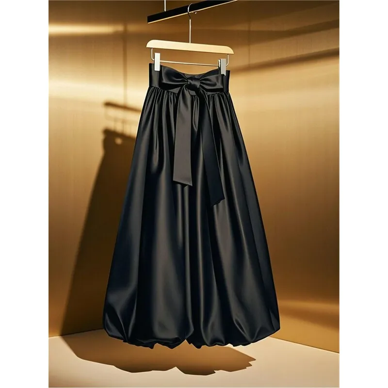 2026 Spring New Arrival French  High-waisted Bow Acetate Satin Bubble Hem Midi Skirt Elegant & Versatile Casual Dress