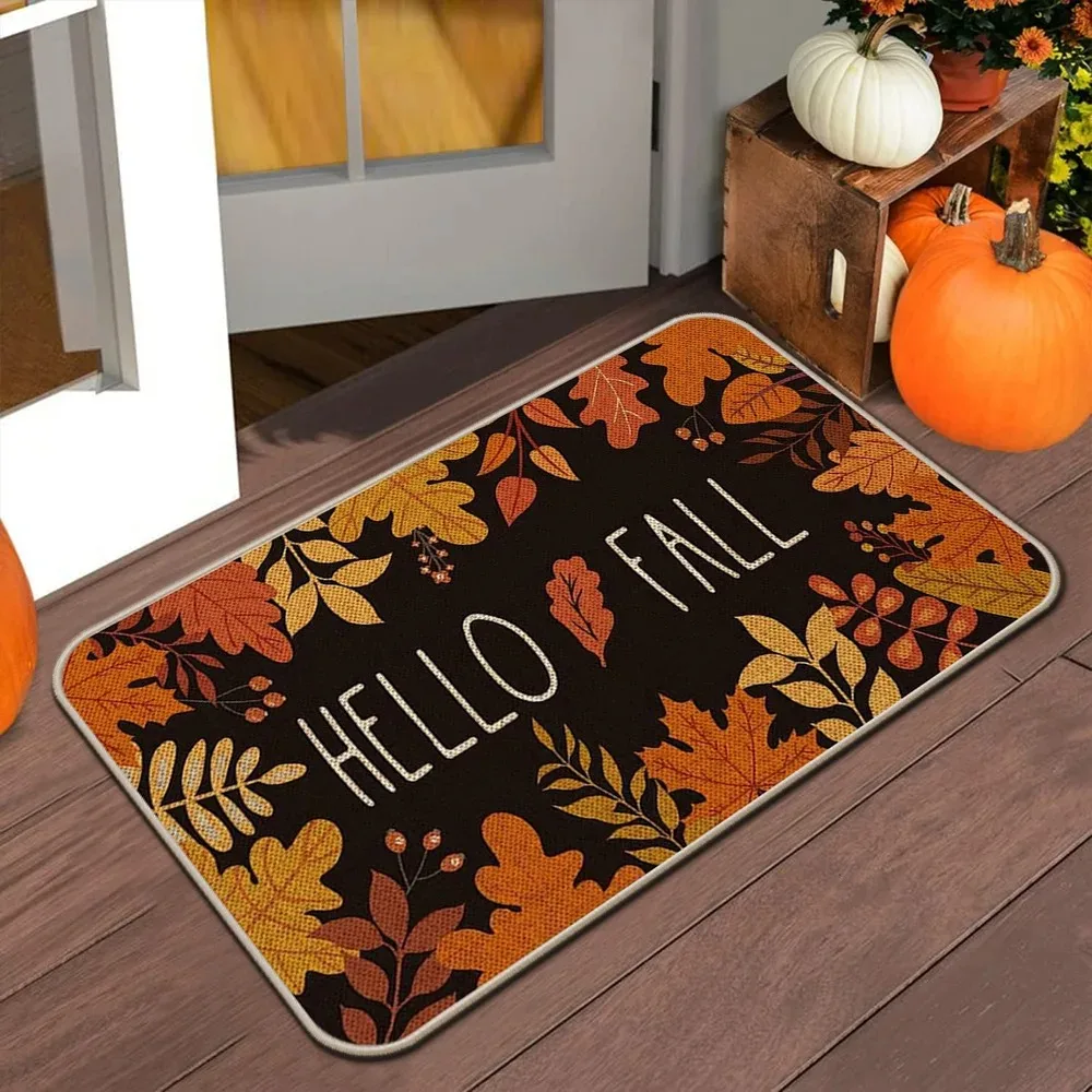 Thanksgiving Fall Season Doormat, Welcome Sign with Retro Red Truck Gnome Pumpkin Maple Leaves, Indoor Outdoor Entryway