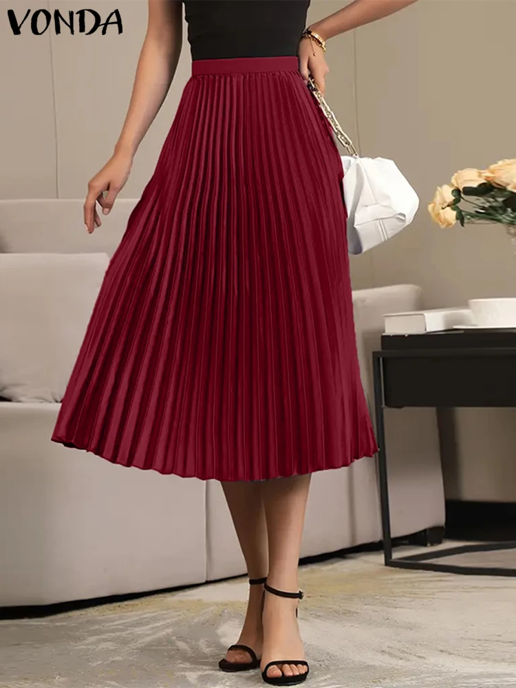 VONDA Women A-line Midi Skirts 2024 Casual Solid Color Ruffled Well Fitting Skirts High Waist Elegant Overskirts Simple Bottoms