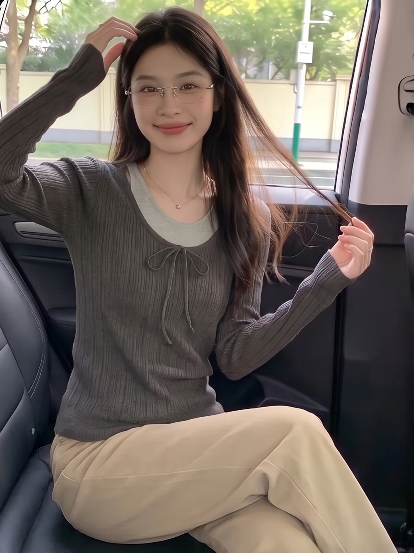 Korean Style Color Block Long Sleeve Knitted Top Women's Fashion Design Sense Belt Slim Base Shirt City Walk Commute Wind